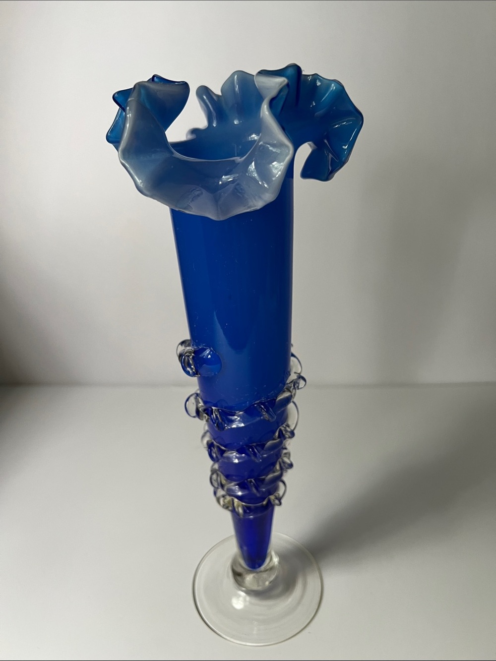 Blue Ruffled Art Glass Bud Vase